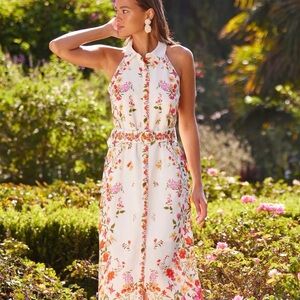 Skies Are Blue Floral Halter Maxi Dress in Cream, Pink and Coral